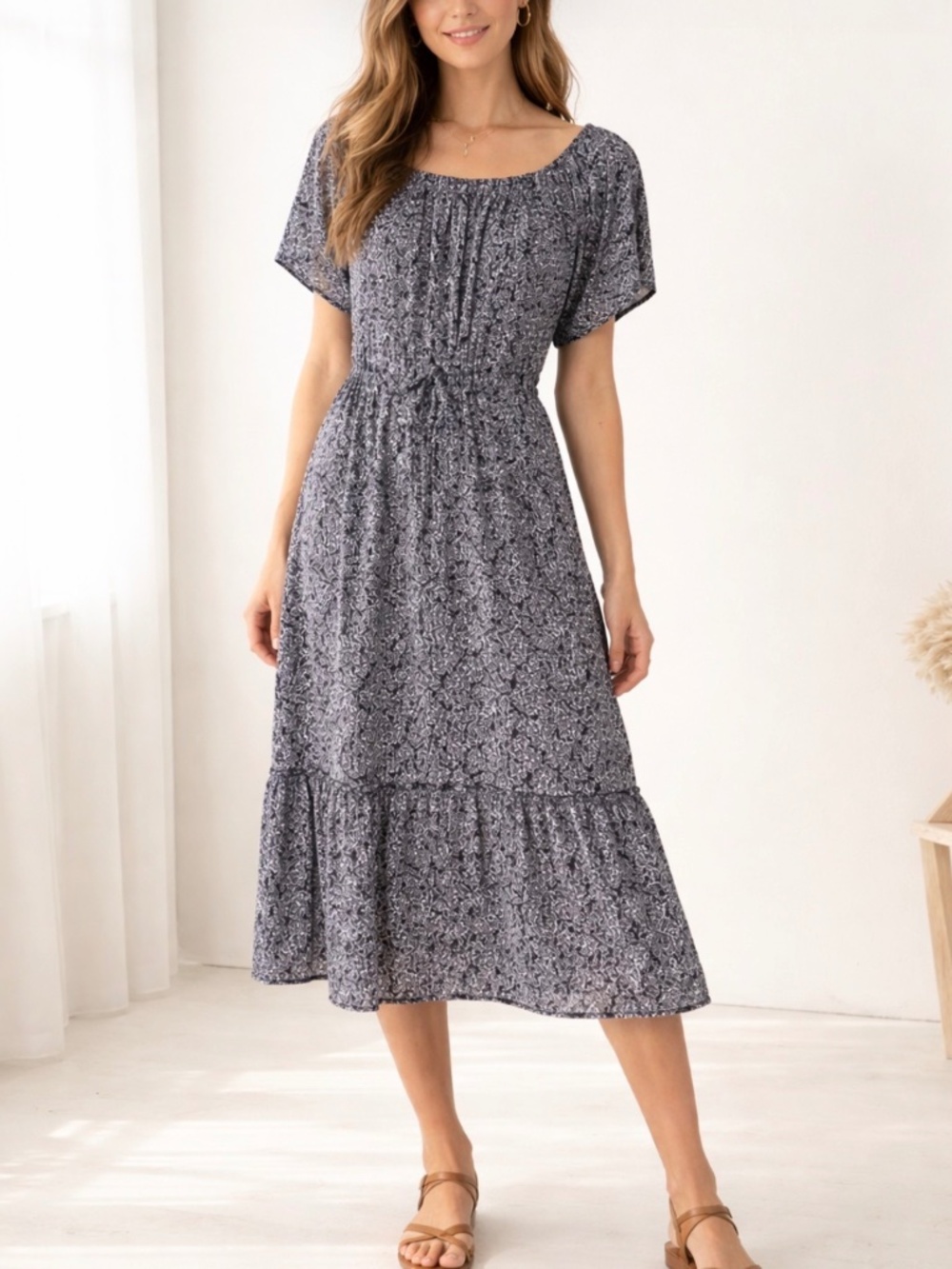 Yak & Yeti Women’s L Black Micro Floral Peasunt Midi Summer Dress Flowy Tiered.